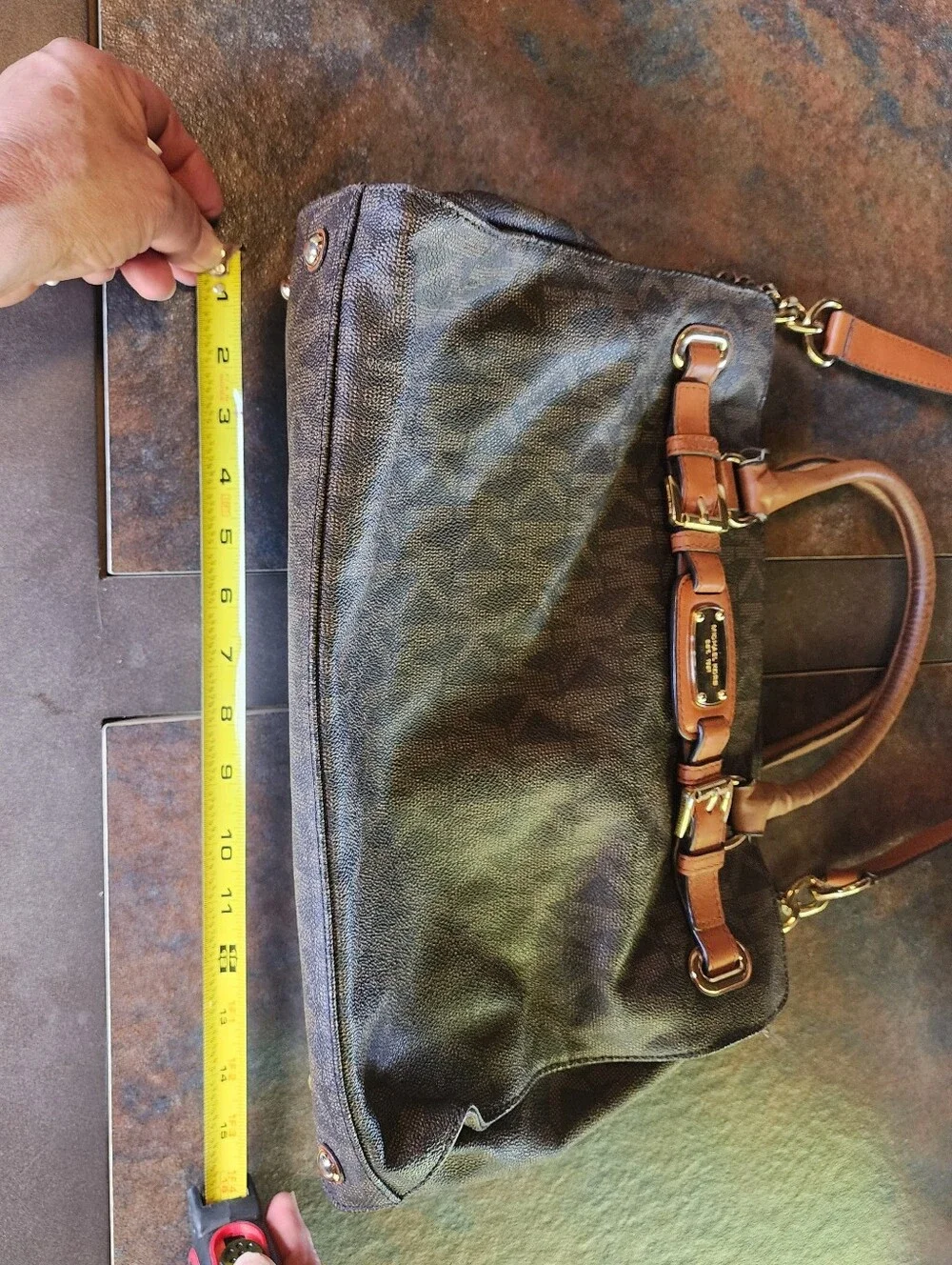 Michael Kors Dark Brown Signature Logo Satchel with Tan Trim